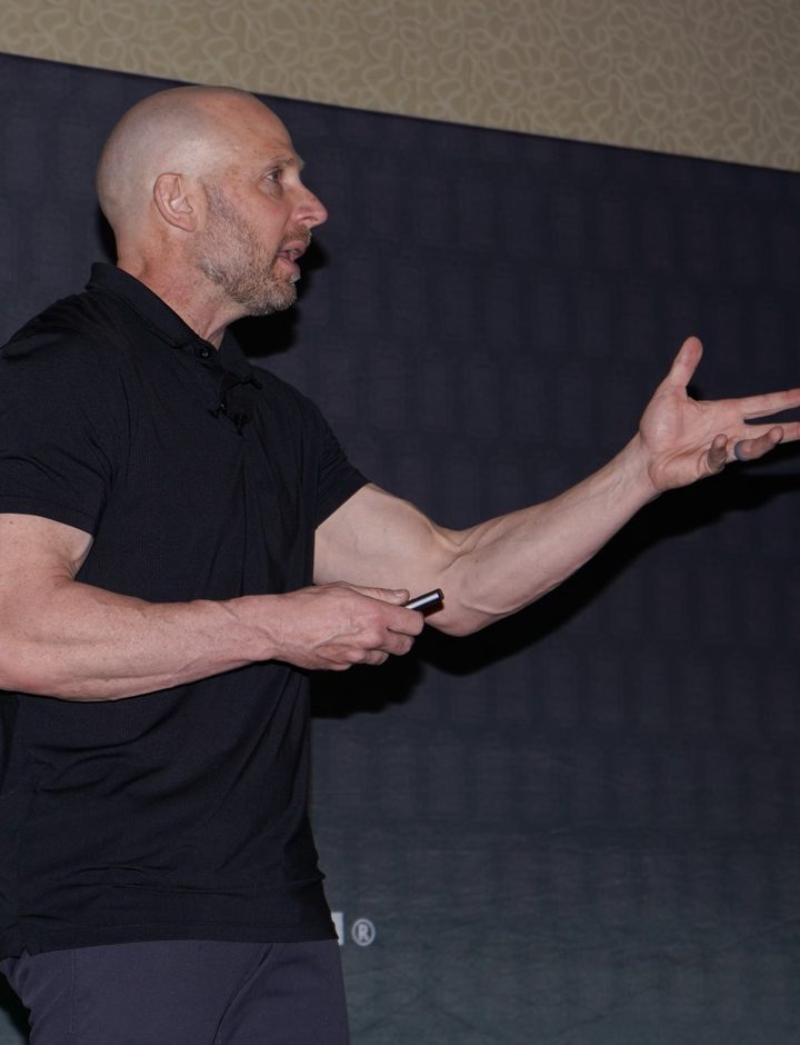 James Lawrence, the Iron Cowboy, speaking on stage